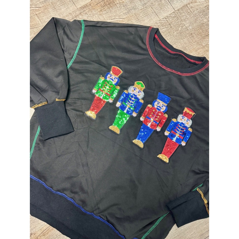 Nutcracker Sequin Holiday Sweatshirt Black Christmas Crewneck Medium